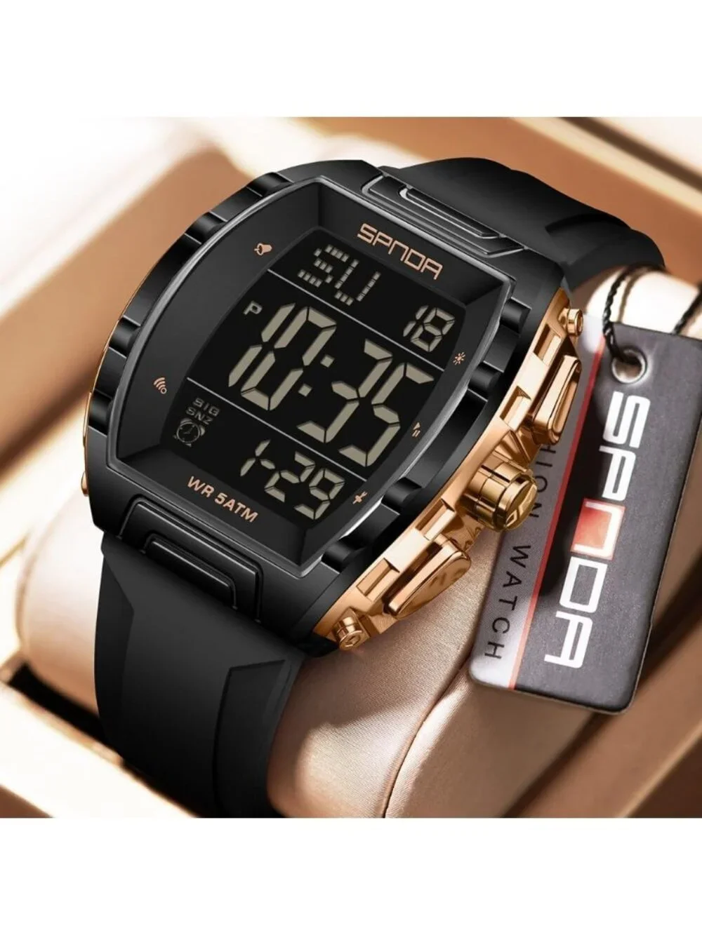 Mens Black Gold Analog Quartz Tonneau Shape Dual Waterproof Digital Luxury Watch